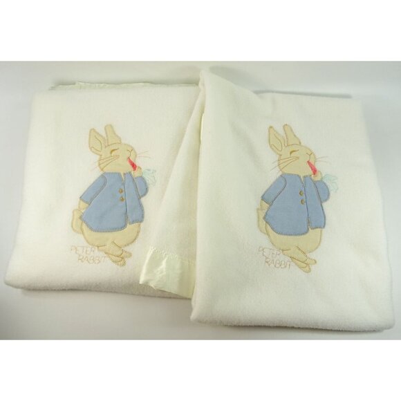 Vintage Peter Rabbit Baby Crib Blanket Satin Edges 46x37 Lot of 2 - Picture 1 of 8